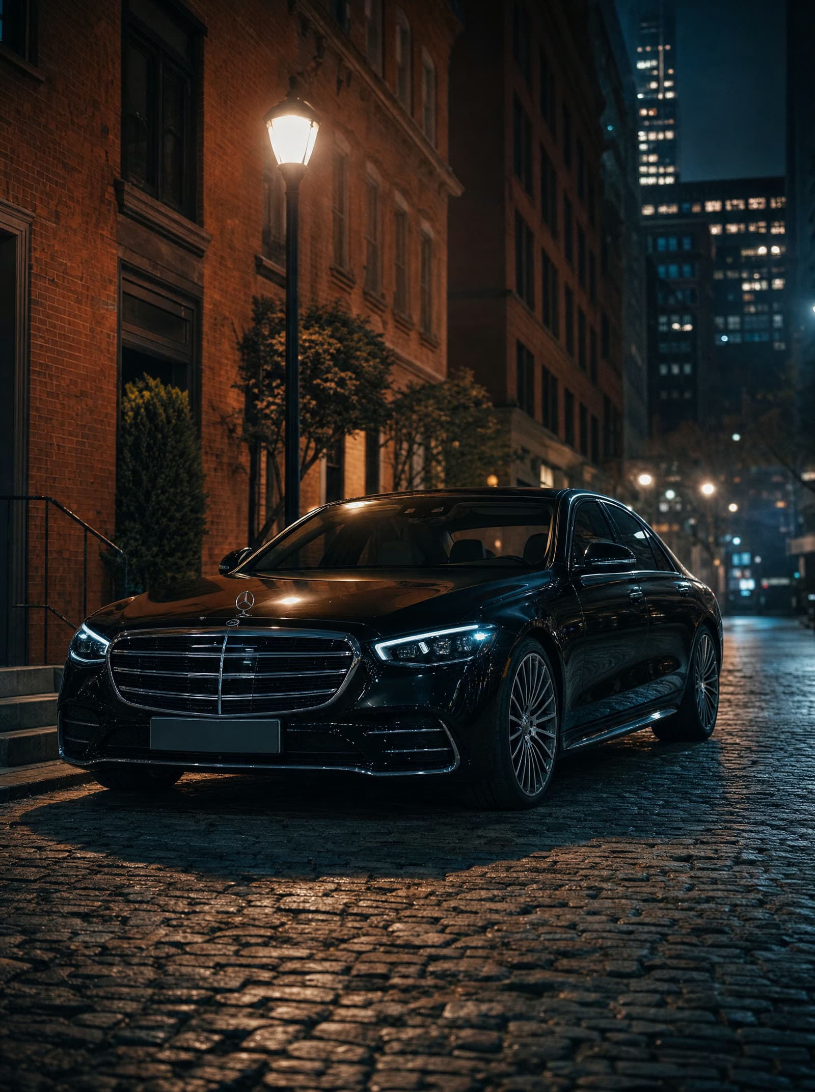 Black Mercedes-Benz S-Class chauffeur sedan waiting at the curb on a Manhattan street at night